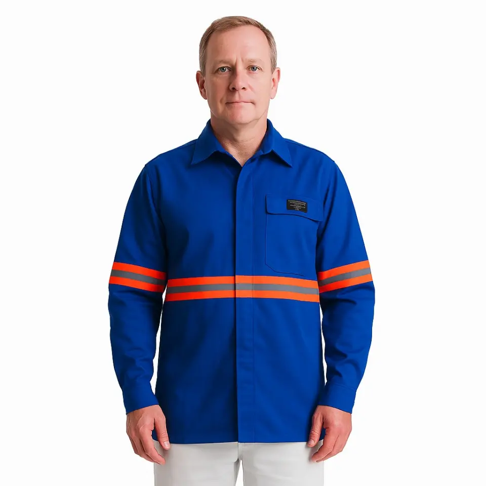 Camisa de Brim Profissional Eletricista NR10 Azul Royal – Refletivo Laranja | CA 44108