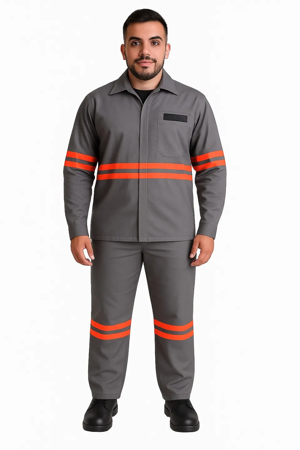 Conjunto de Brim Profissional (Calça e Camisa) | Eletricista NR 10 | Cinza – Faixa Refletiva Laranja | ATPV 10,0 | Risco 2 | CA 44109