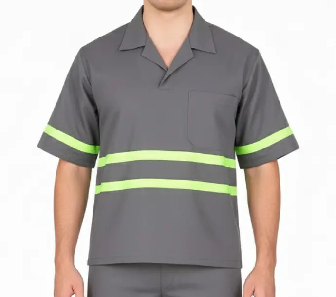 Camisa de Brim Profissional com Faixa Refletiva Verde Manga Curta | Cinza
