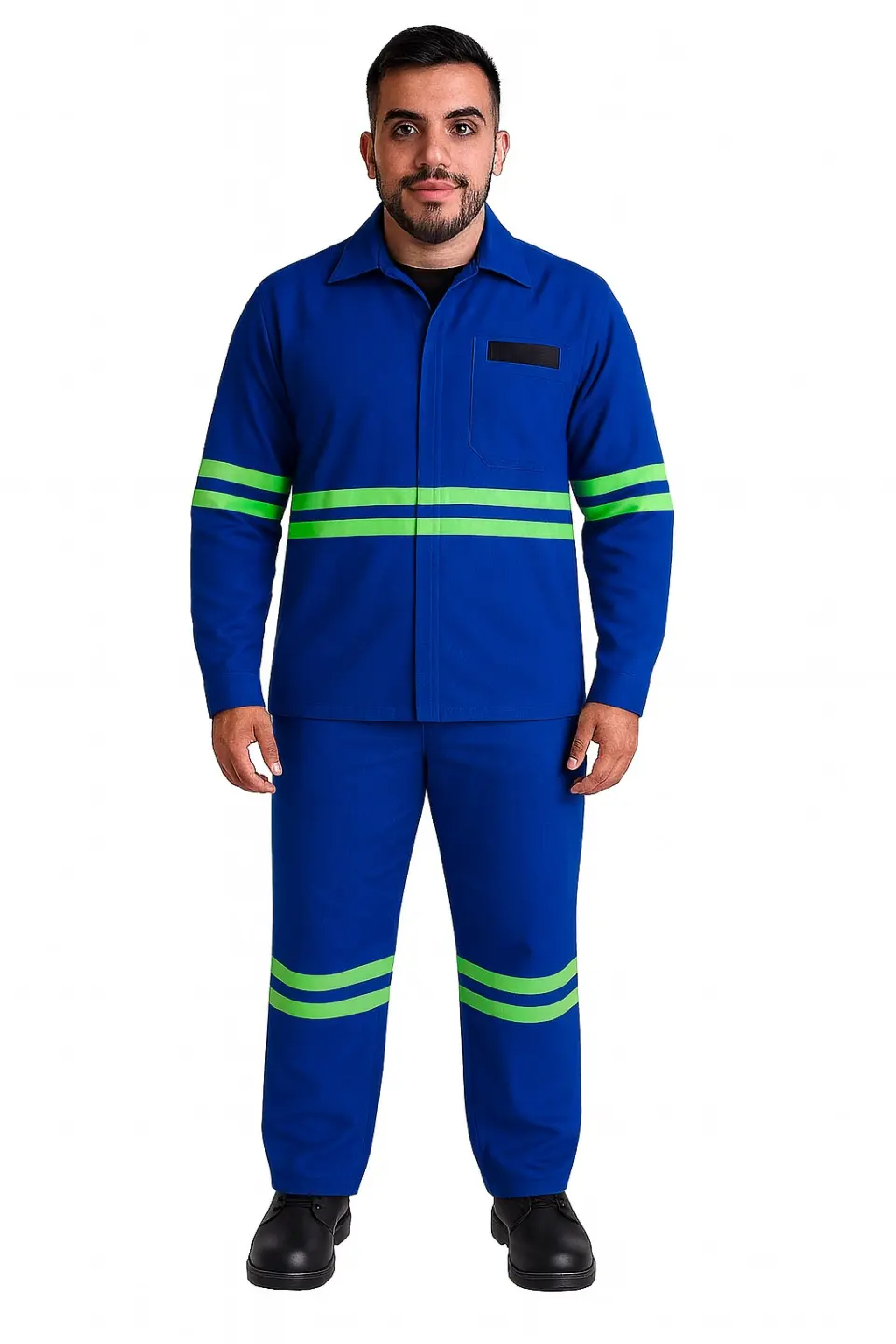 Conjunto de Brim Profissional (Calça e Camisa) | Eletricista NR 10 | Azul Royal – Faixa Refletiva Verde | ATPV 10,0 | Risco 2 | CA 44109