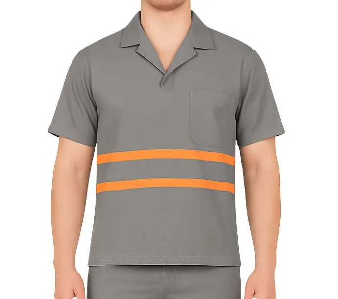 Camisa de Brim Profissional com Faixa Refletiva Laranja Manga Curta | Cinza