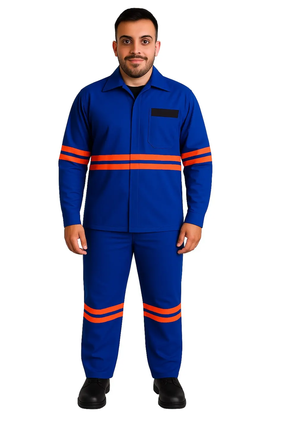 Conjunto de Brim Profissional (Calça e Camisa) | Eletricista NR 10 | Azul Royal – Faixa Refletiva Laranja | ATPV 10,0 | Risco 2 | CA 44109