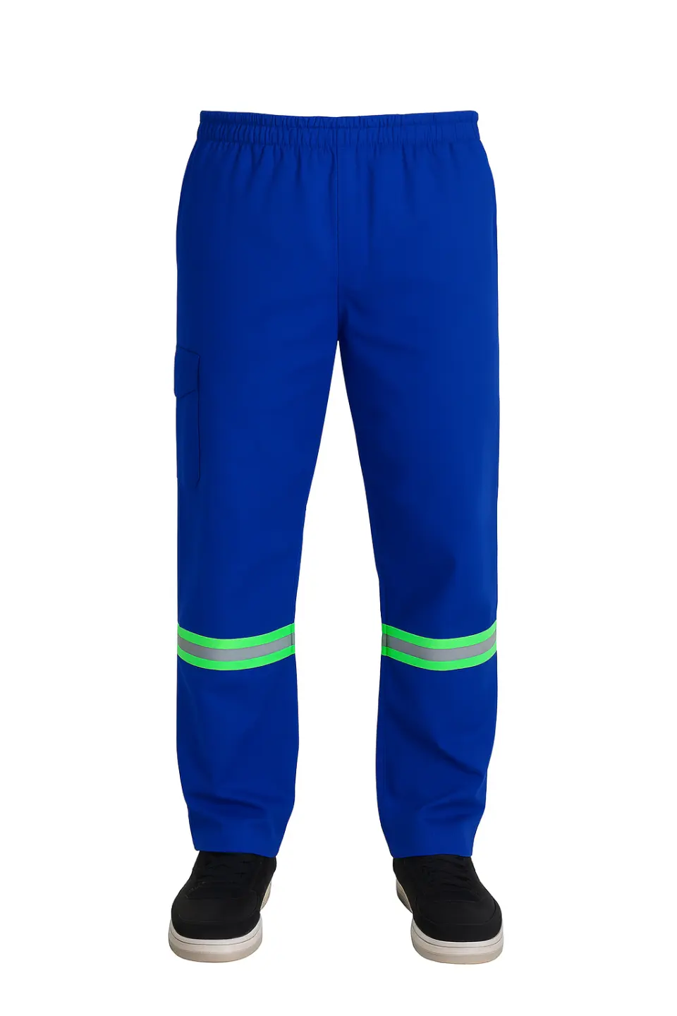 Calça de Brim Profissional com Elástico Total Refletivo Verde I Azul Royal