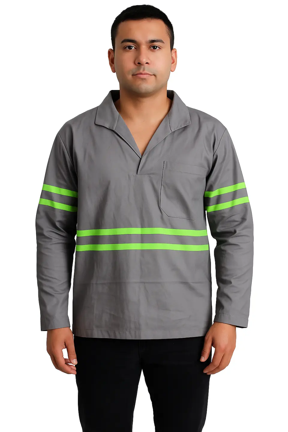 Camisa de Brim Profissional com Faixa Refletiva Verde | Cinza