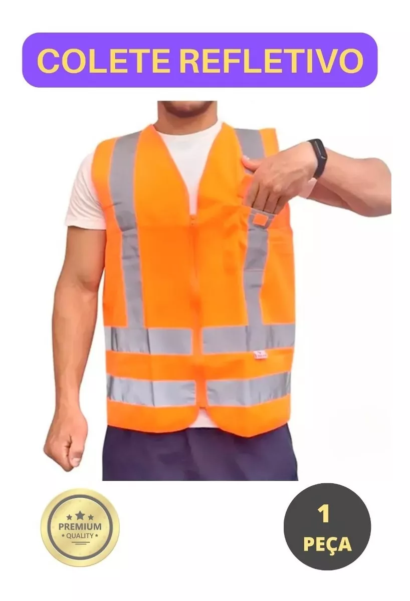 Colete de Segurança com Faixa Refletiva, Bolso e Zíper – Neon