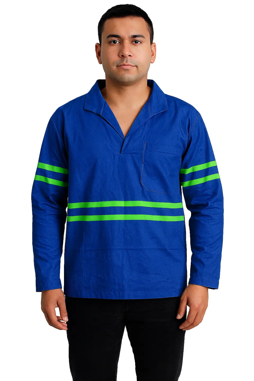Camisa de Brim Profissional com Faixa Refletiva Verde I Manga Cumprida I Gola Italiana I Azul Royal