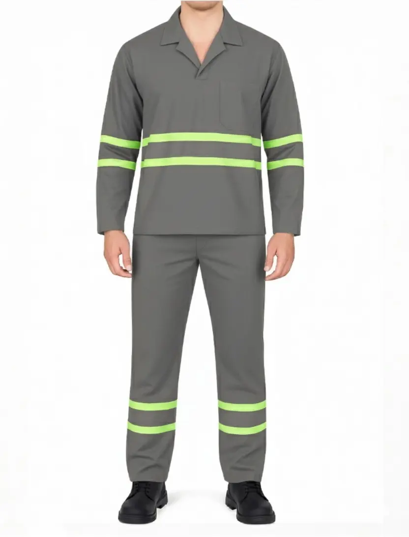 Conjunto de Brim Profissional com Faixa Refletiva Verde – Calça e Camisa Gola Italiana Manga Longa | Cinza