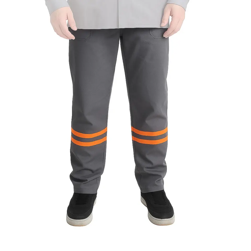 Calça de Brim Profissional | Eletricista NR 10 | Cinza – Faixa Refletiva Laranja | ATPV 11,0 | Risco 2 | CA 44109
